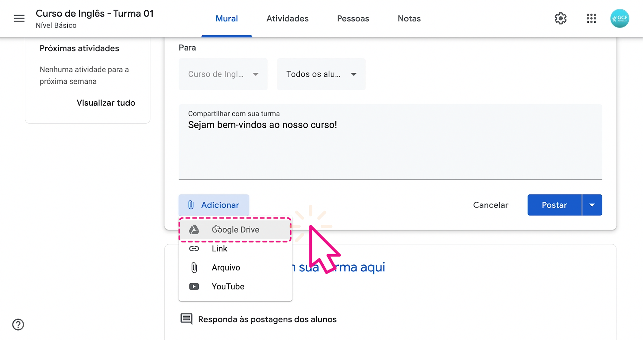 como anexar arquivo no mural do google sala de aula - imagem1